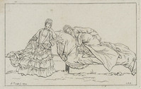 KG 12011
<br/>
Studieschets: dame, zittend en liggend op een sofa.
<br/>
<em>Picart, Bernard (1673-1733)</em>